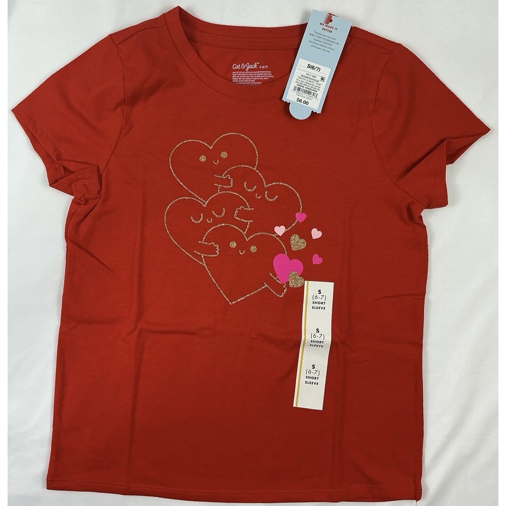 Cat Jack Red Hearts Sparkle Short Sleeve T Shirt Kids Size S 6/7 Valentine